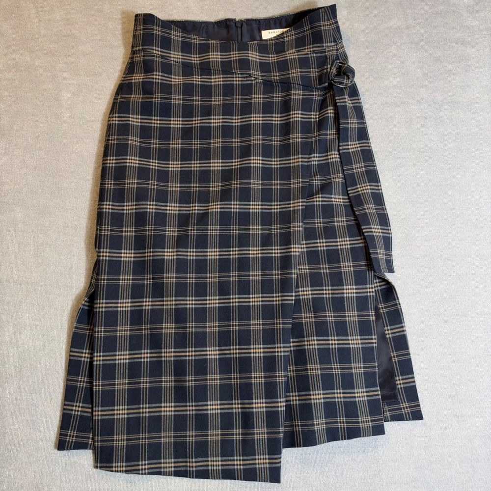 Babaton Aritzia Plaid Wrap Midi Skirt Navy Blue Tan Side Buckle Size 6